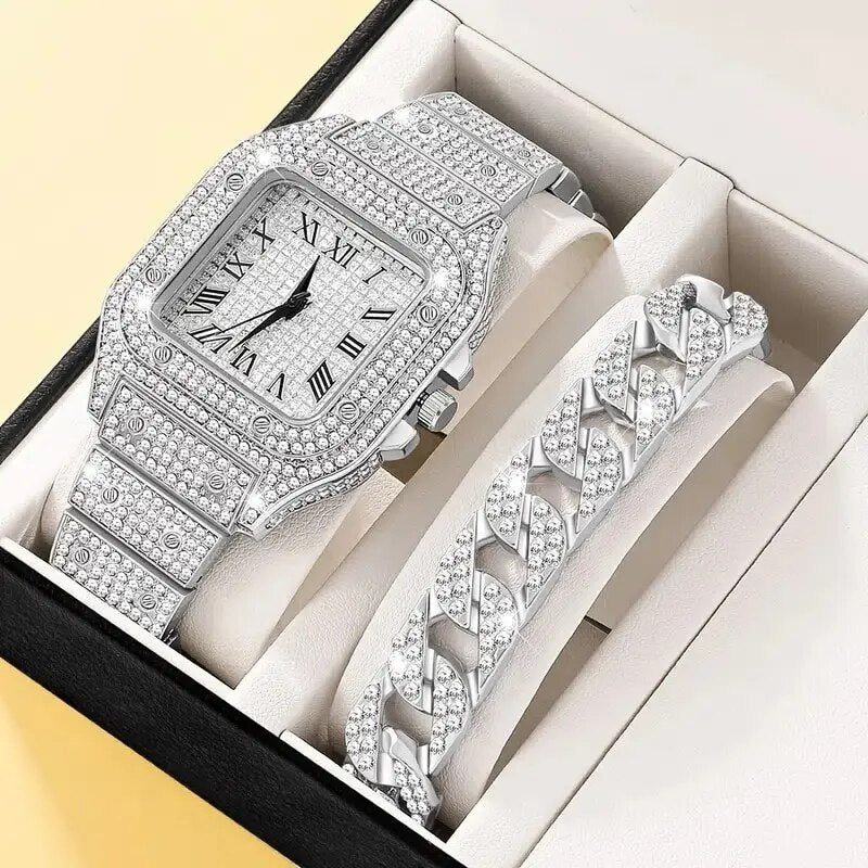 2Pcs Set Diamond Women Watches Gold Watch Ladies Wrist Watches Luxury Brand Rhi image 0