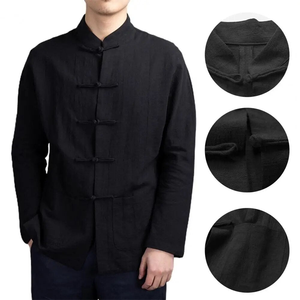 Men Autumn Chinese Style Shirt Top Mandarin Collar Long Sleeve Shirt Traditiona image 7