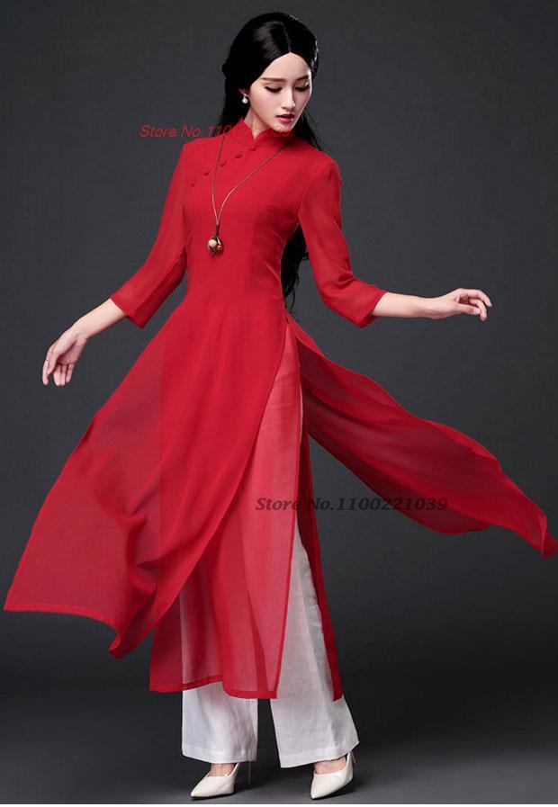 2024 traditional folk style aodai dress+pants set vietnam chiffon aodai elegant image 9