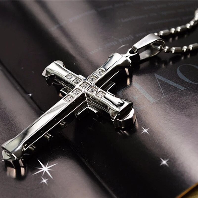 2024 New Male Crystal Cross Jesus Pendant Gold/Black/Blue Color Zirconia Neck image 7