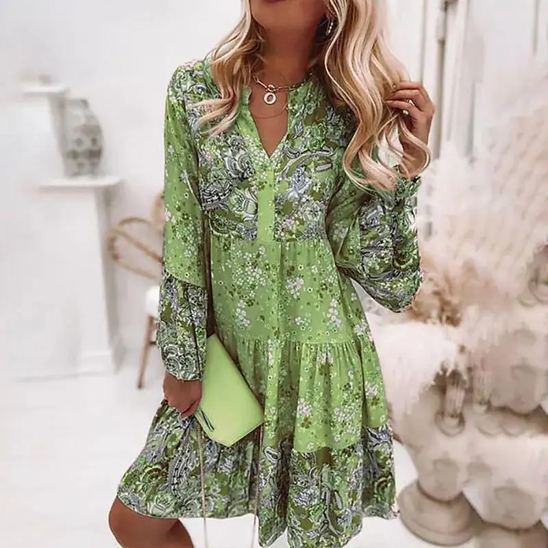 Women Floral Print Dress 2023 Summer Solid Casual V Neck Ruffles Boho Casual Dr image 5
