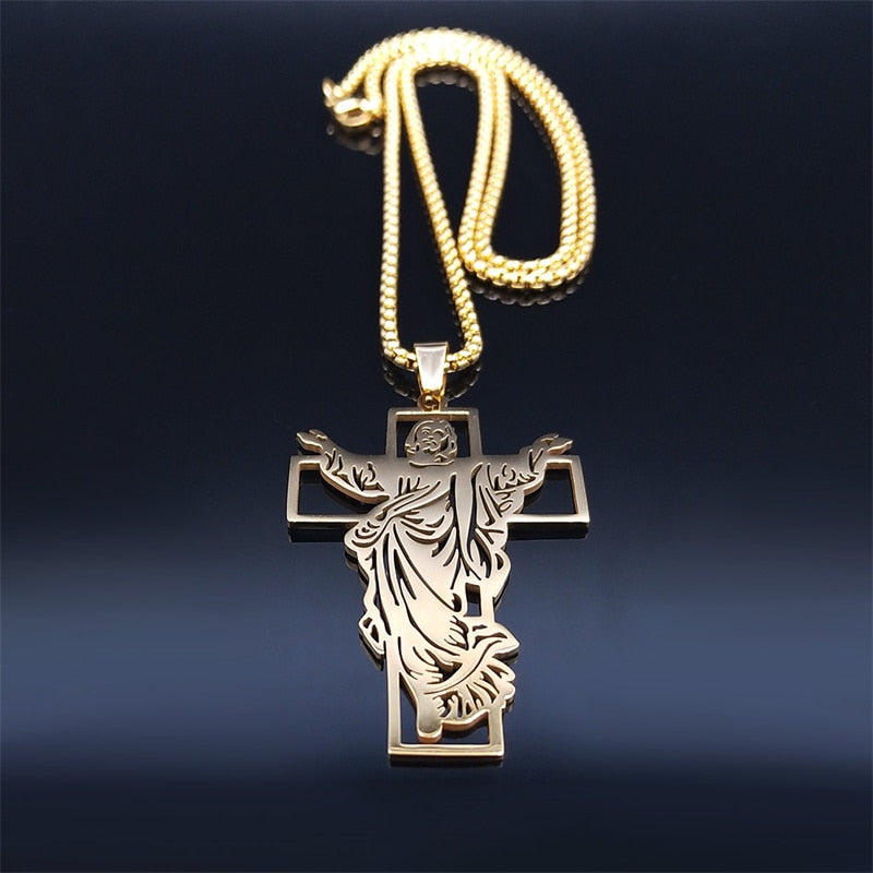 Jesus Cross Stainless Steel Pendant Necklace Gold Color Women/Men Religious image 8