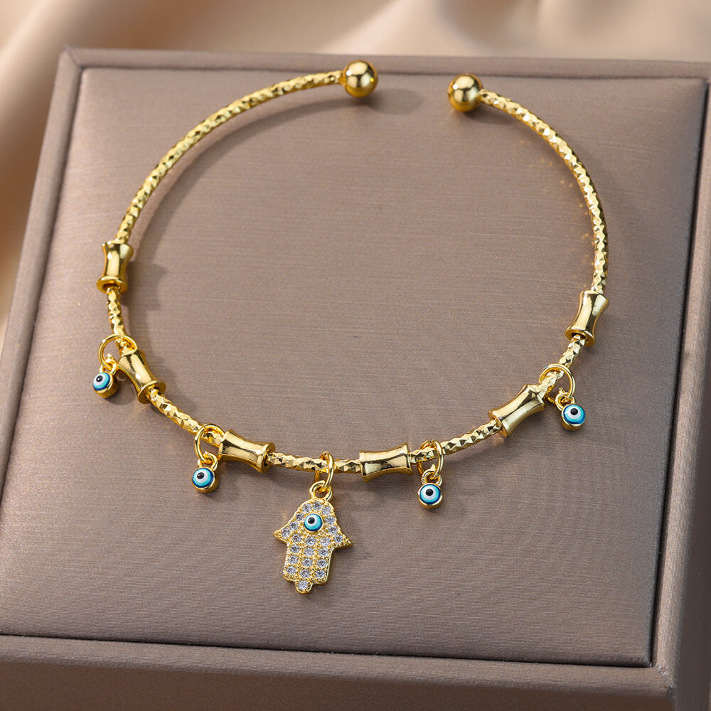 Zircon Fatima Hand Evil Eye Bracelet For Women Vintage Stainless Steel Gold image 4