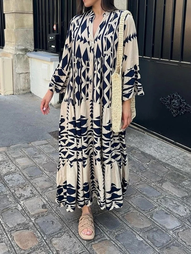 Elegant Summer Maxi Dress Women 2023 Casual Streetwear Vintage Geometric V Nec image 0