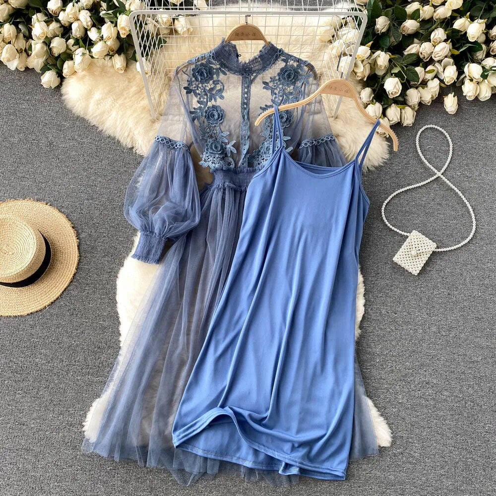 Women Evening Dress Three-dimensional Decoration Floral Mesh Stand Collar Lante image 8
