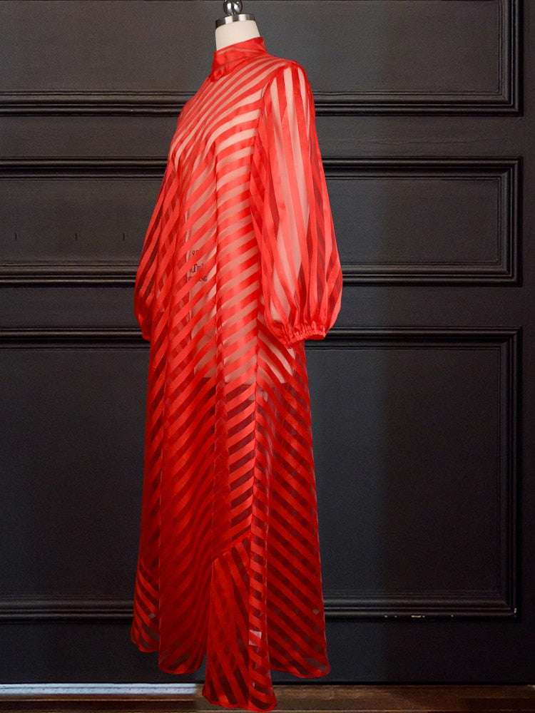 Shirt Dresses Plus Size Women Long Sleeve Red Striped Stand Collar See Through a image 2