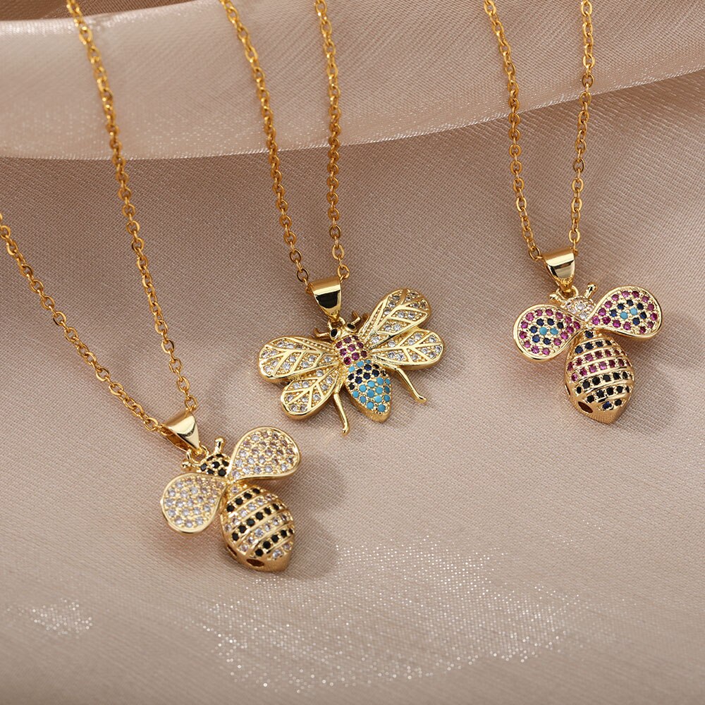 RXSMll Bee Pendant Necklace For Women Luxury Colorful Zircon Gold Plated image 7