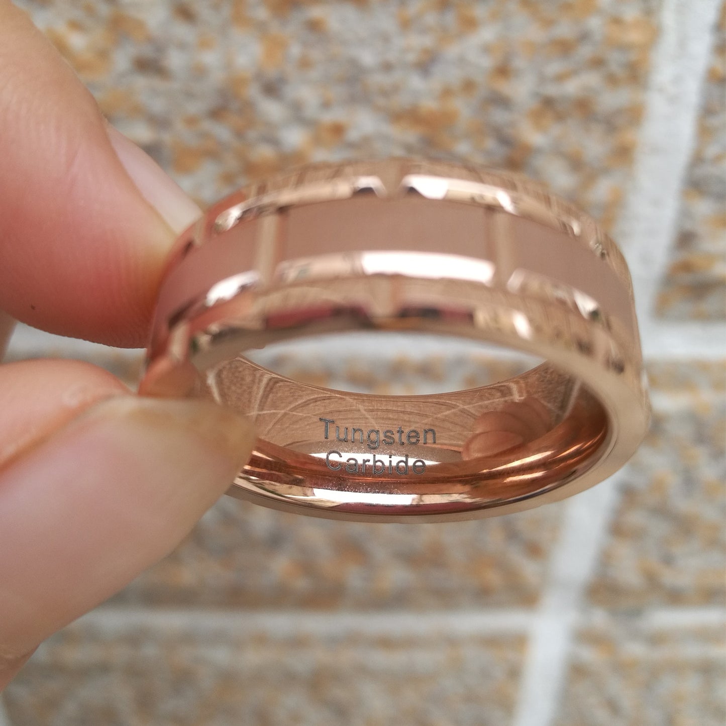 Newshe Men's Tungsten Carbide Ring 8mm Rose Gold Color Brick Pattern image 5