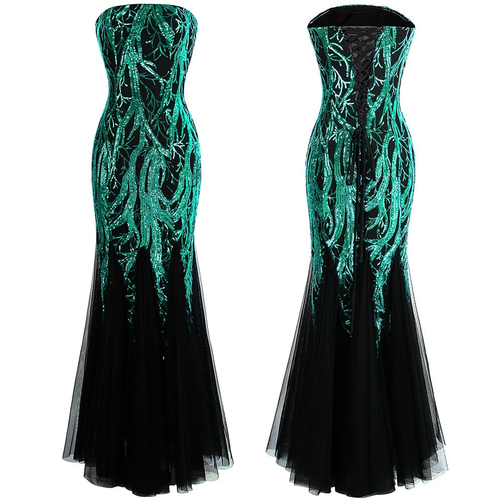 Angel-fashions Strapless Golden Branch Sequined Mermaid Full Length Formal Even image 1