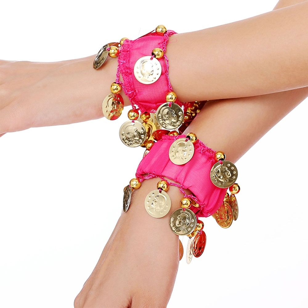 1 Pair Belly Dance Wrist Ankle Cuffs Bracelets Chiffon Gold Coin Belly Dance Co image 9