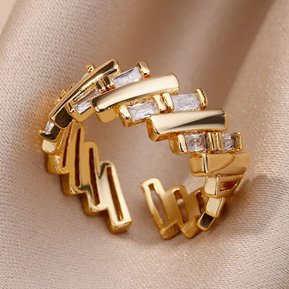 Fashion Gold Color Stainless Steel Rings For Women Chain Hollow Out Crystal Zir image 2