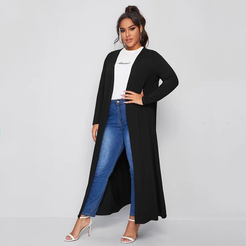 Plus Size Spring Elegant Maxi Cardigan Women Long Sleeve Open Front Loose Black image 2