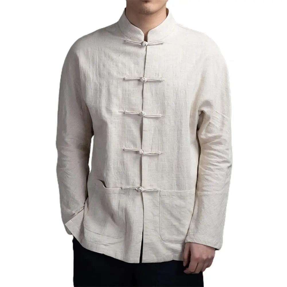 Men Autumn Chinese Style Shirt Top Mandarin Collar Long Sleeve Shirt Traditiona image 2