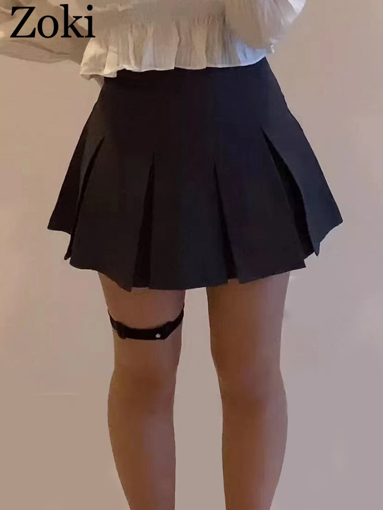 ZOKI Vintage Gray Pleated Skirt Women Kawaii High Waist Mini Skirts Korean Fas image 7