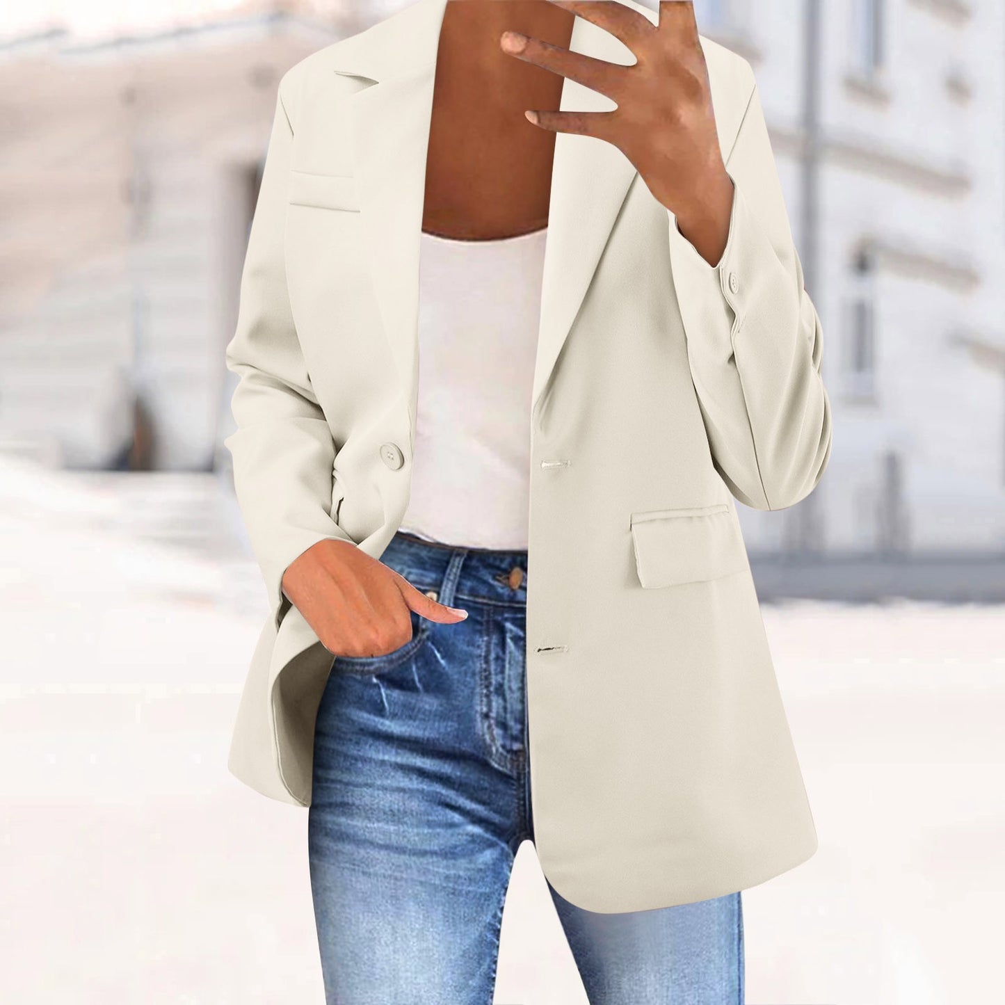 Office Business Women's Suit Jacket Elegant Solid Long Sleeve Lapel One Button image 9