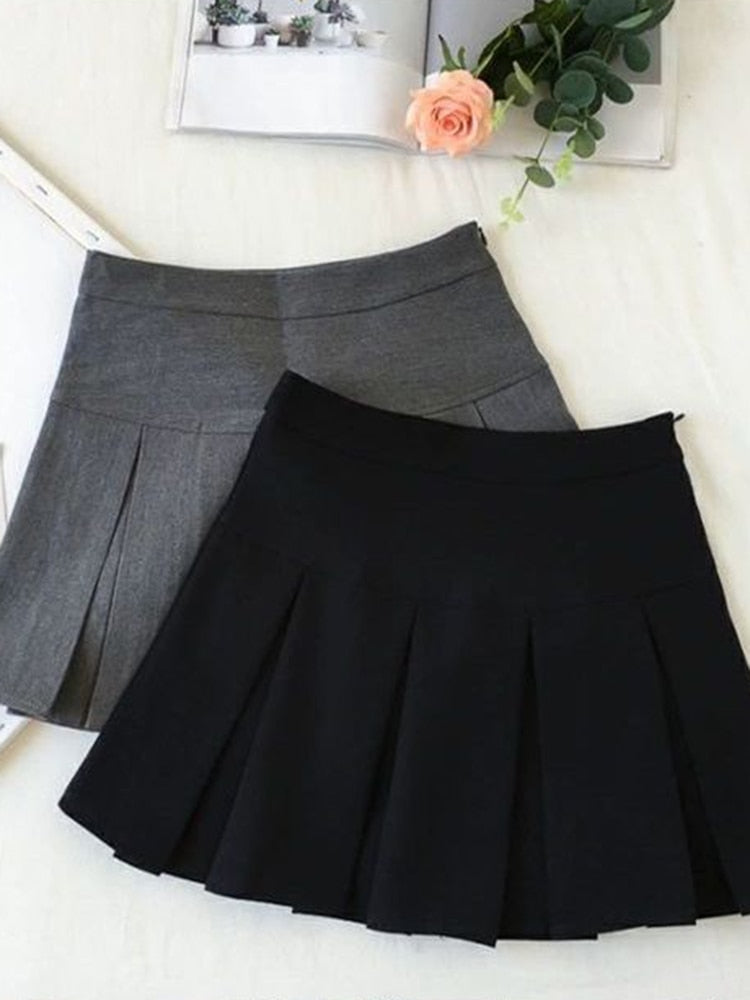 ZOKI Vintage Gray Pleated Skirt Women Kawaii High Waist Mini Skirts Korean Fash image 1