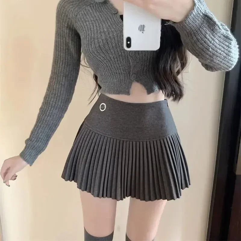 HOUZHOU Woolen Pleated Skirt Women Korean Cute Cute High Waist A-line Patchwork image 0