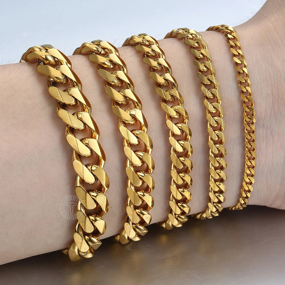 Women's Men's Bracelet Stainless Steel Cuban Link Chain Bracelets Gold Color Si image 1