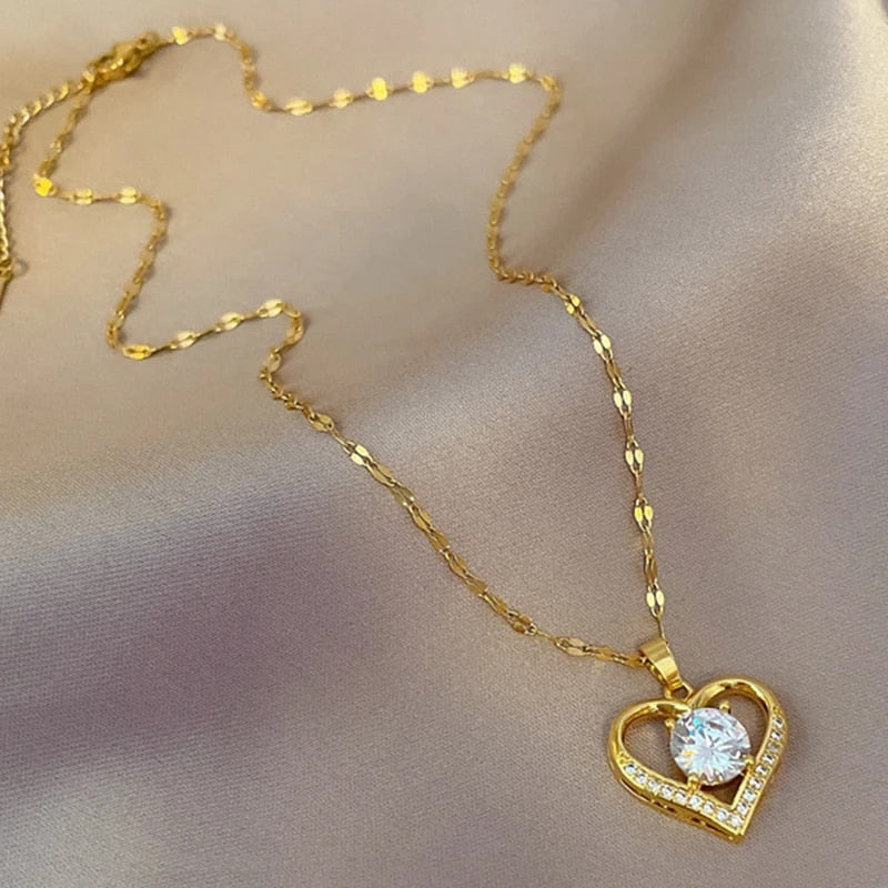 Artificial Gems Heart Pendant Necklace for women 2022 Golden Stainless Steel Li image 4