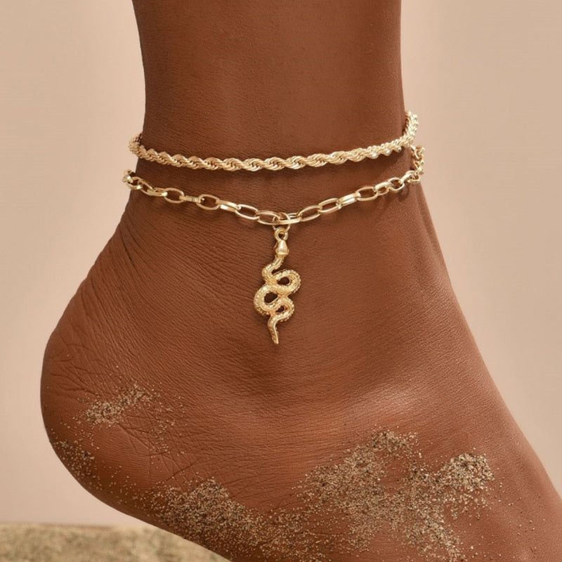 Simple Vintage Double Layered Anklets Snake Pendant Golden Anklet Personalized image 5