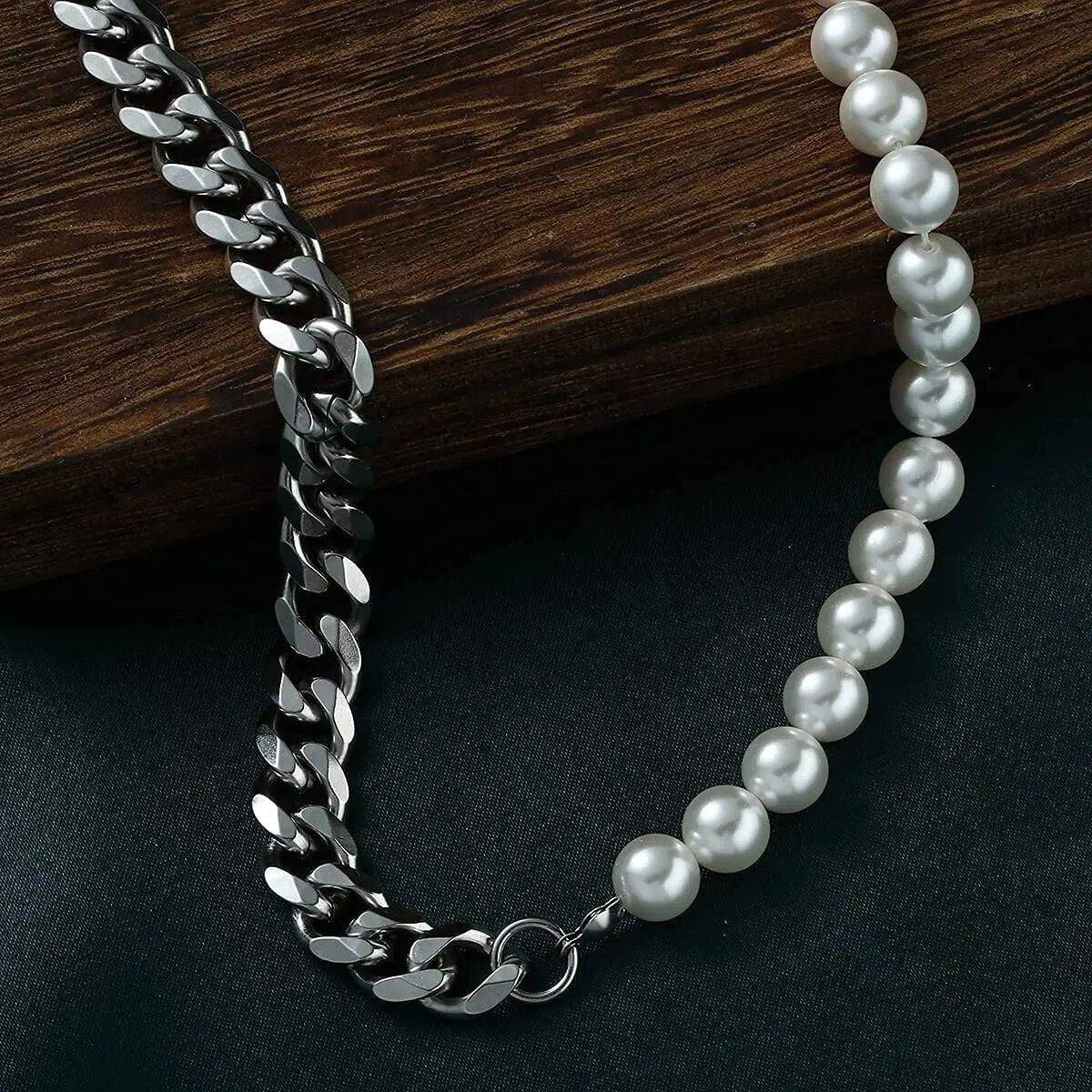 Half Pearl Half Chain Necklace Men Women Silver Gold Color Cuban Link Stainless image 3