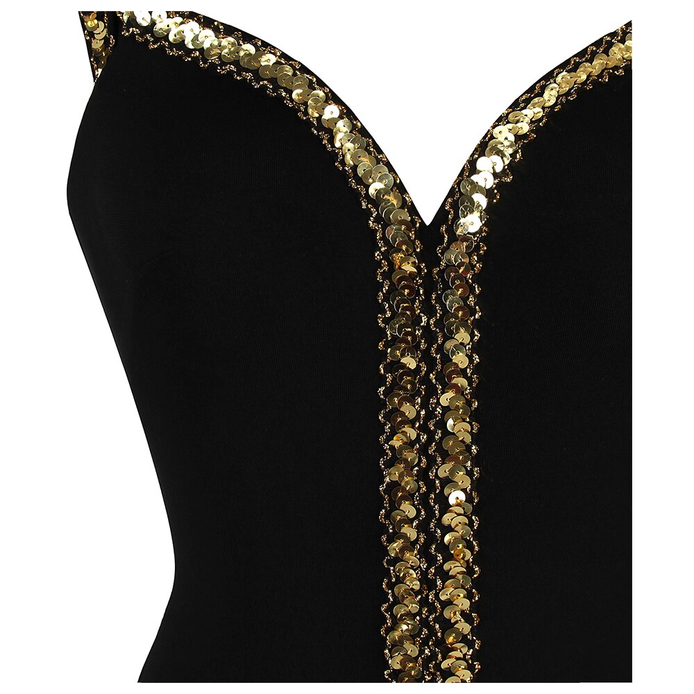 Angel-fashions Women's Boat Neck Formal Black Dress Gold Sequin Slit Evening D image 9