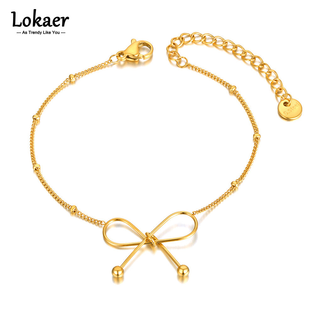 Lokaer Titanium Stainless Steel Chain Link Bracelets Trendy 18K Gold Plated Bow image 1