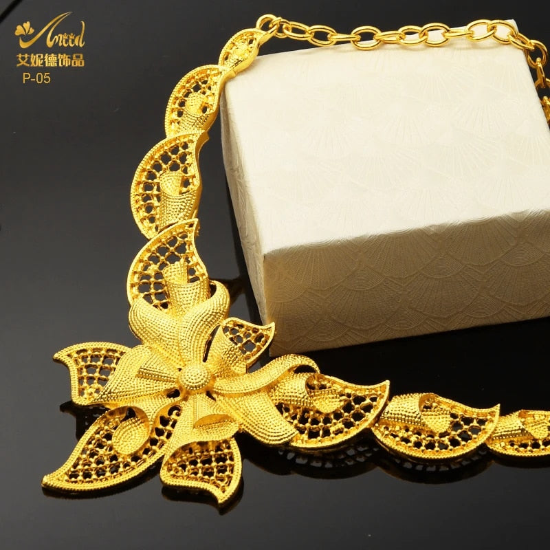 Indian Gold Plated Jewelry Set For Women African Bridal 24K Gold Color Necklace image 41