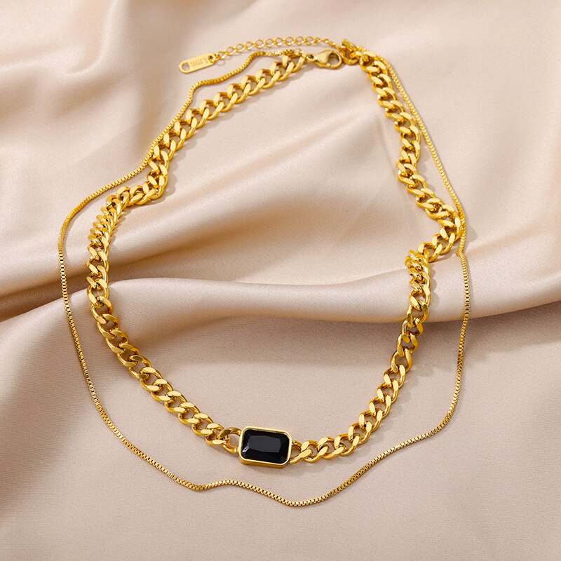 Green Square Pendant Necklace for Women Multi-layer Splicing Chain Gold Plated image 5
