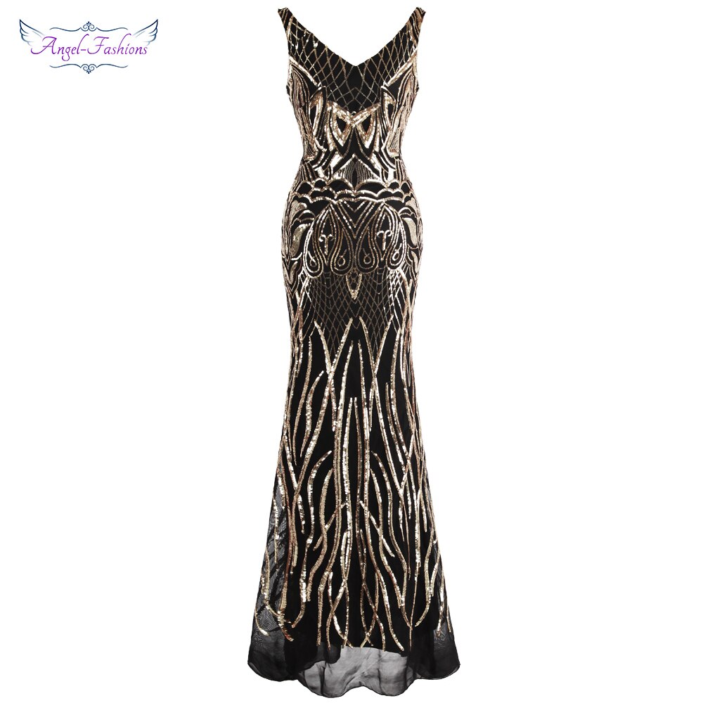 Angel-fashions Women's V Neck Evening Dress Gold Sequin Vintage 1920S image 2
