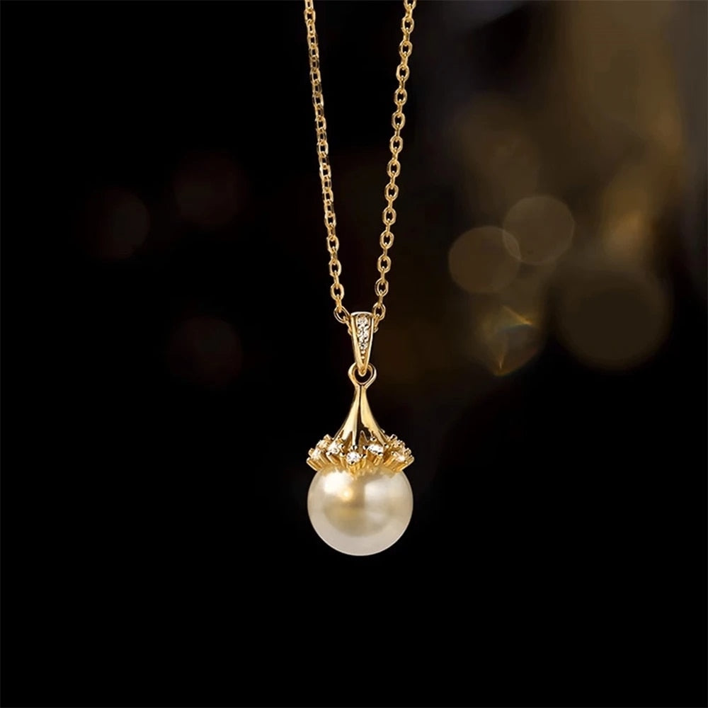 18K Gold Necklace Pendant Round Natural Freshwater Pearl AU750 Yellow Gold Pen image 2