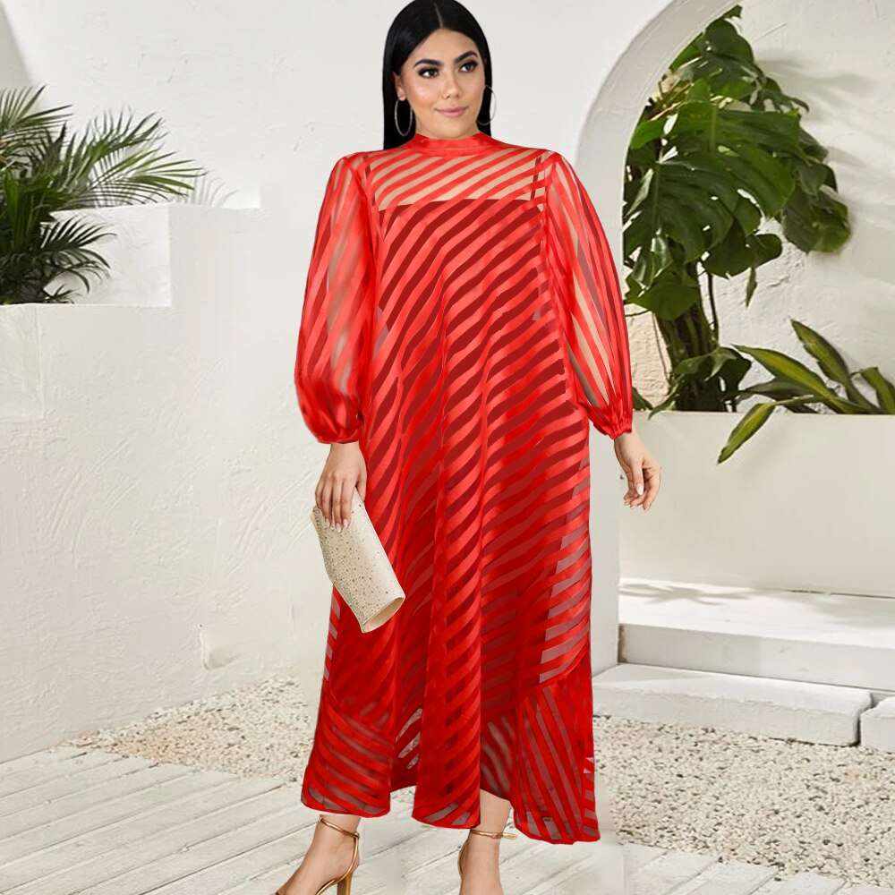 Shirt Dresses Plus Size Women Long Sleeve Red Striped Stand Collar See Through a image 6