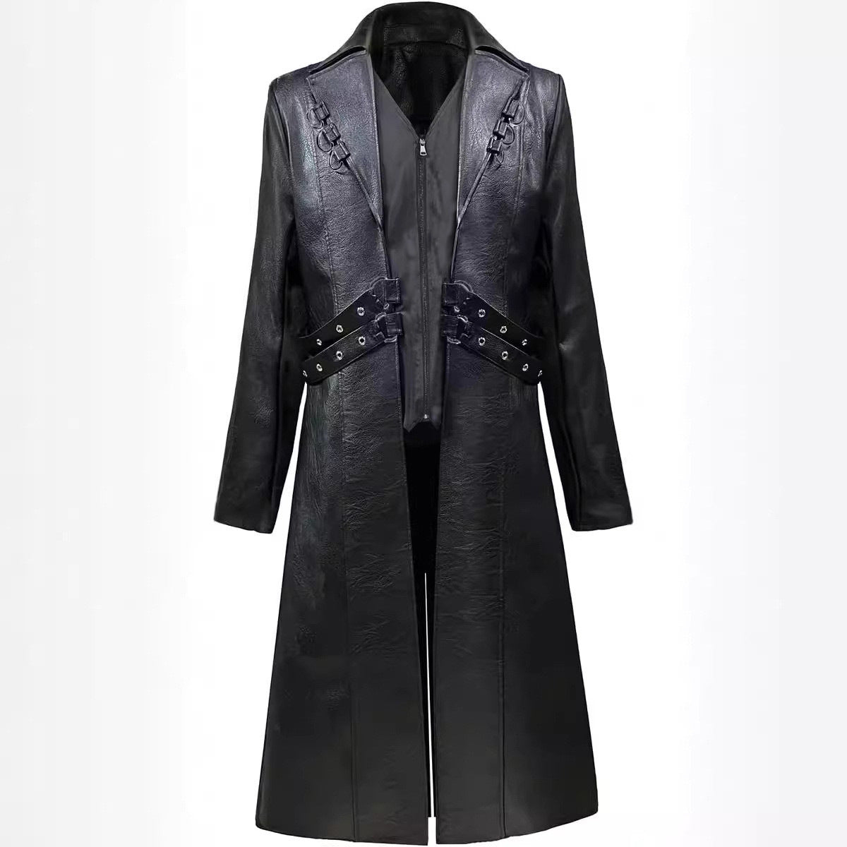 2025 New Steampunk Gothic Mid Length PU Leather Trench Coat Men Dark Brown Blac image 1