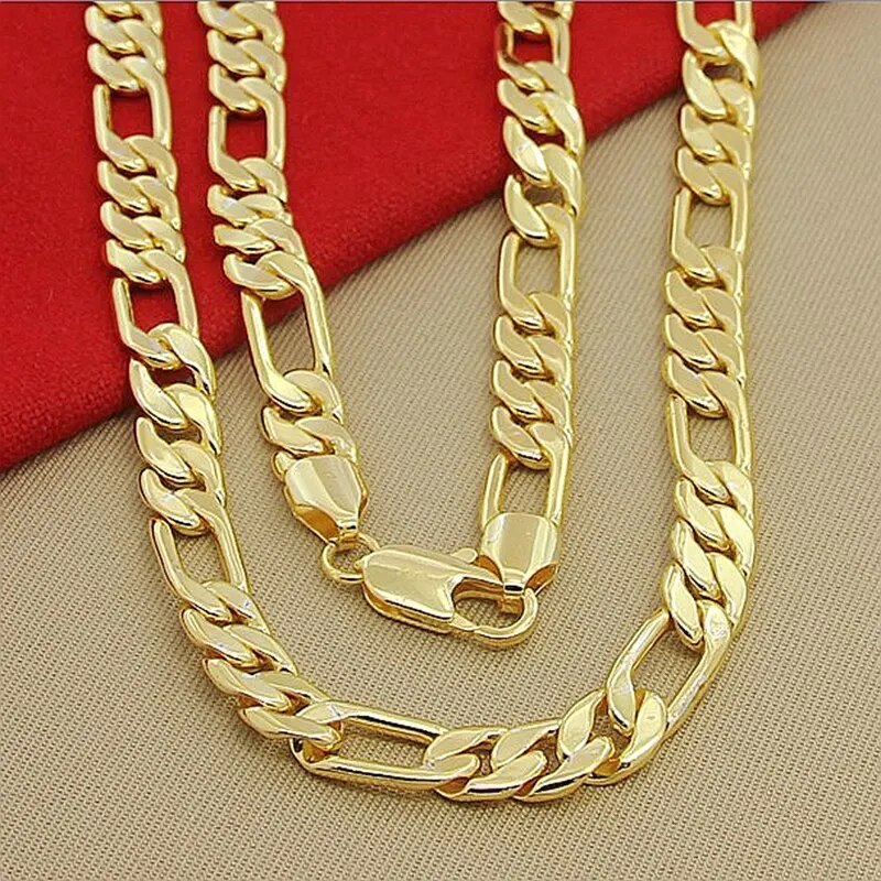 High Quality Men's 8mm 24'' 60cm Gold Necklace 24k Yellow Gold Color Figaro Cha image 3