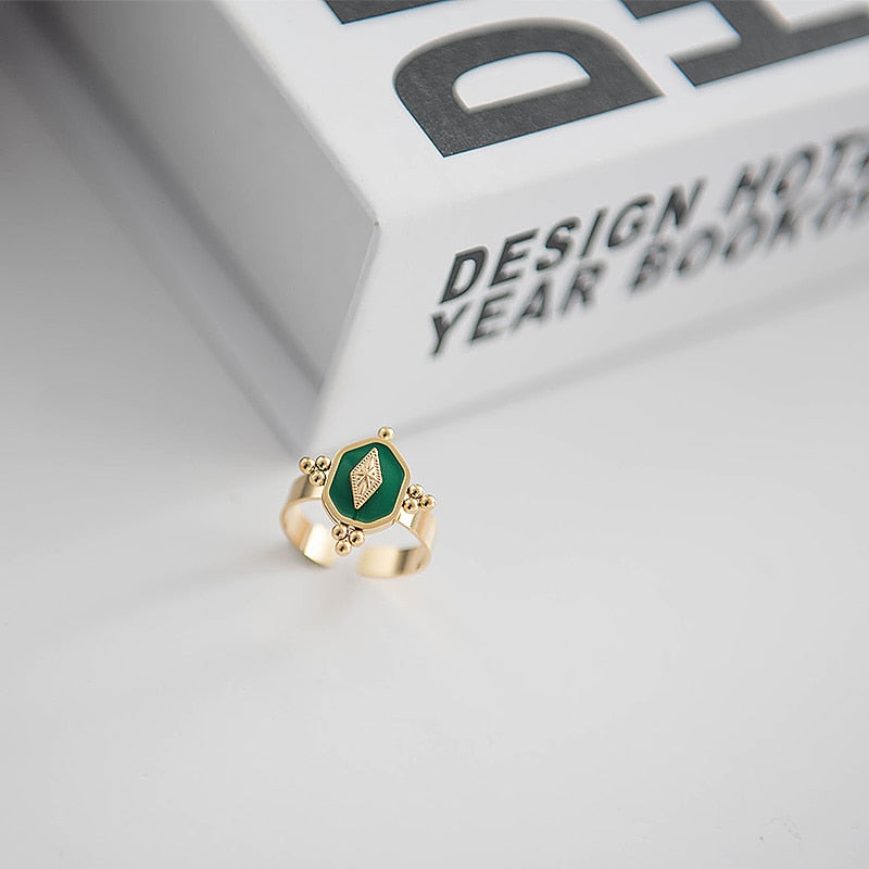 Stainless Steel Gold Plated Geometric Open Rings For Women Vintage Green Enamel image 5