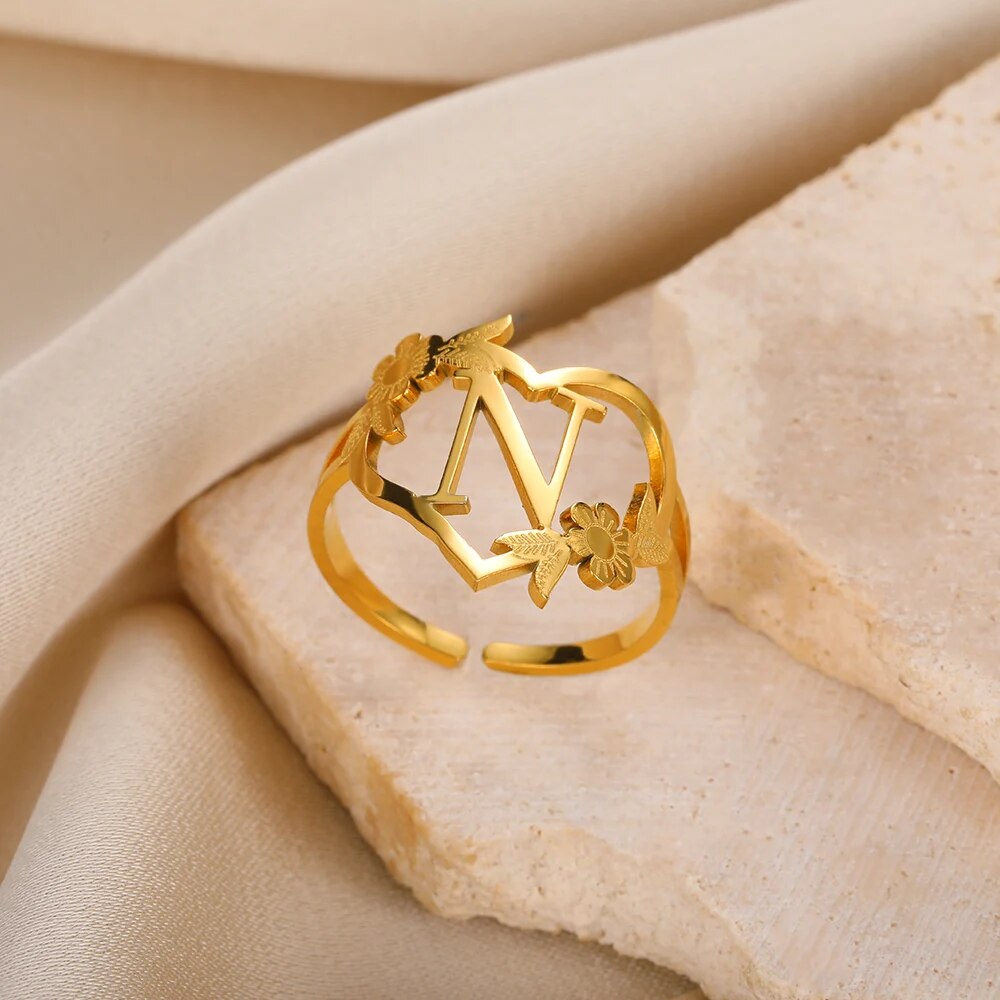 Stainless Steel Initials Flower Heart Rings Gold Color Adjustable Delicate Lett image 10