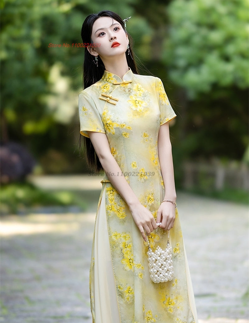 2024 vietnam traditional aodai dress chinese improved qipao national flower pri image 2