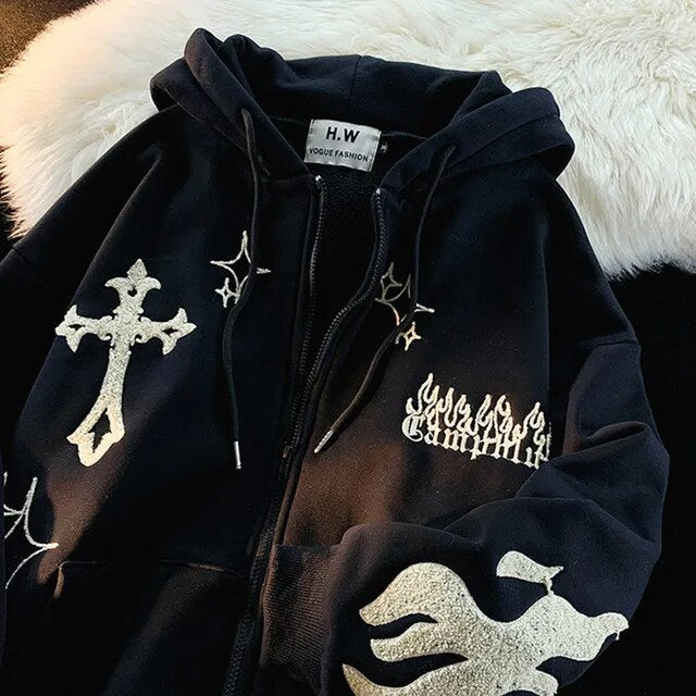 Gothic Embroidery Retro Hoodies Women Harajuku Long Sleeve Zip Up Loose Hooded image 2