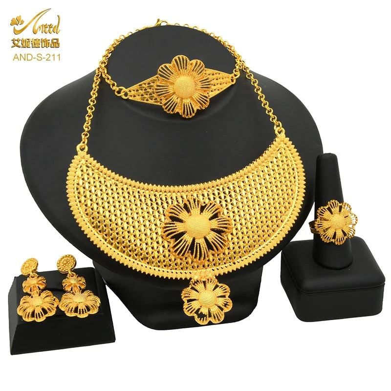 Indian Gold Plated Jewelry Set For Women African Bridal 24K Gold Color Necklace image 14