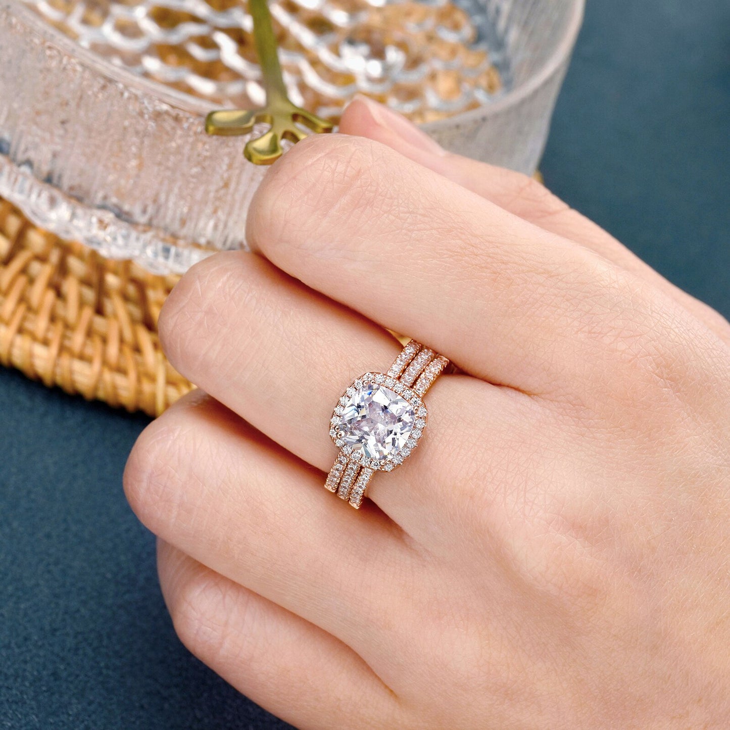 Newshe Rose Yellow Gold Halo Cushion AAAAA CZ Engagement Rings Set image 4
