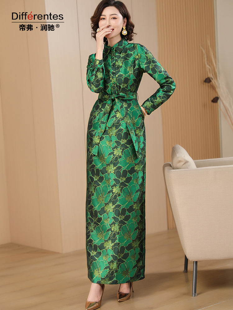 Spring Autumn Long Dress for Women Pencil Dress A-line Green Floral Slit Straig image 5