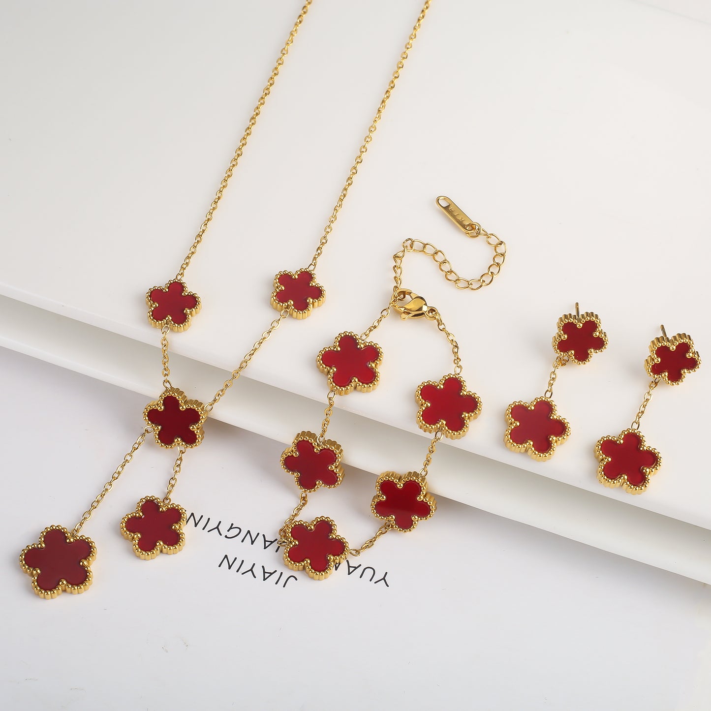 3Pcs 18k Gold-Plated Five-Leaf Flower Necklace Earrings Bracelet Jewelry Set Fo image 14