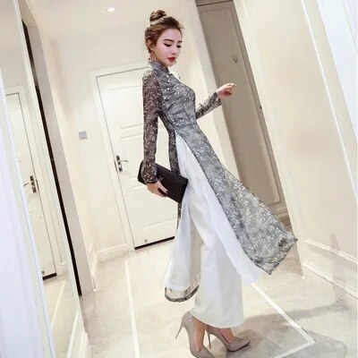 2022 vietnam aodai cheongsam set for women traditional chinese chiffon robe lad image 2