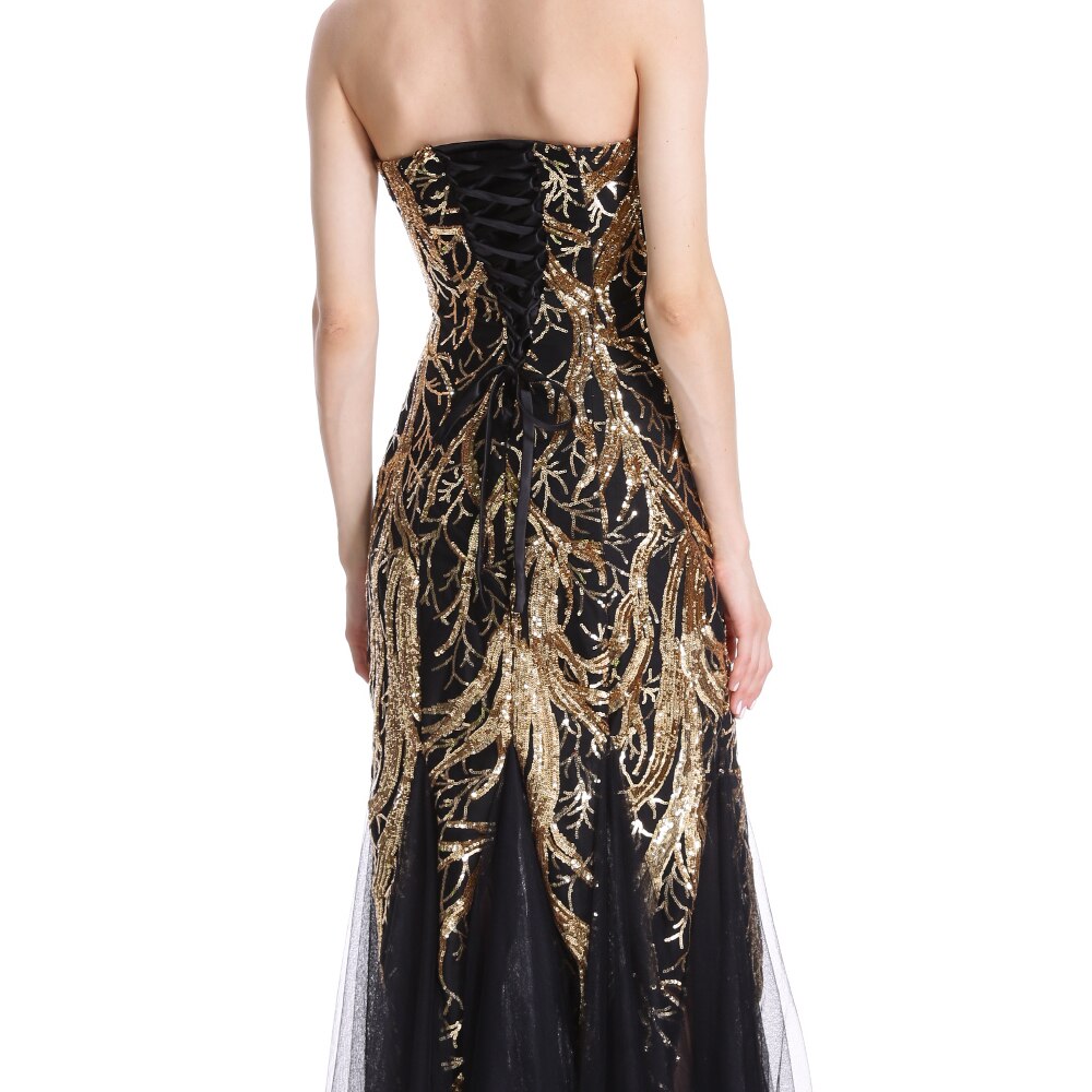 Angel-fashions Strapless Gold Sequin Zipper Side Evening Dresses Lace Up Back image 6