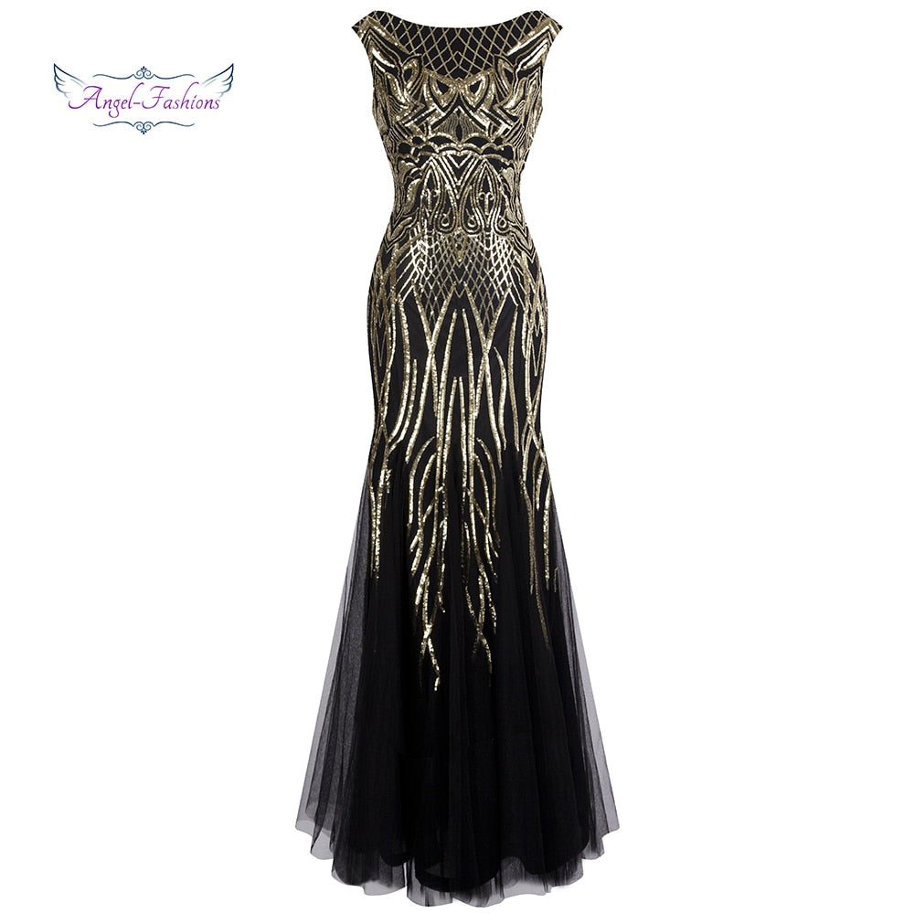 Angel-fashions Bateau Boat Neck Vintage Golden Sequin Ball Gown Long Prom Dress image 1