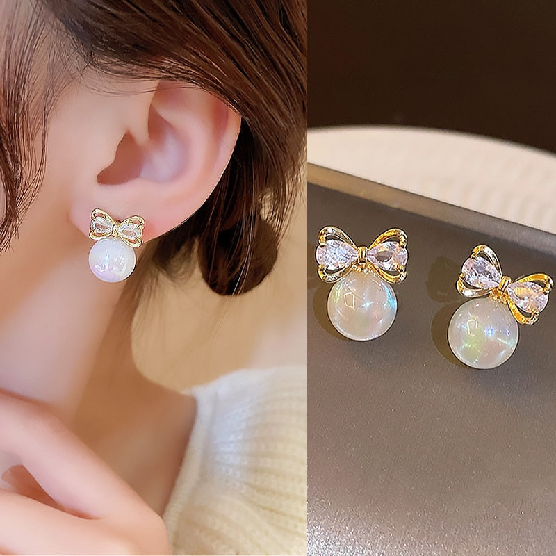 Gold Color Metal Fashion Korean Pearl Earrings For Women Sparkling Zircon Penda image 10