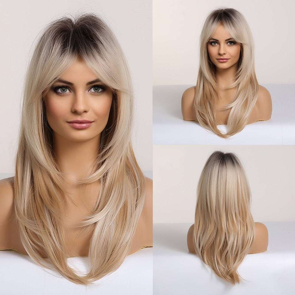 Short Straight Bob Wigs with Bangs Golden Brown Natural Synthetic Hair for Wome image 2