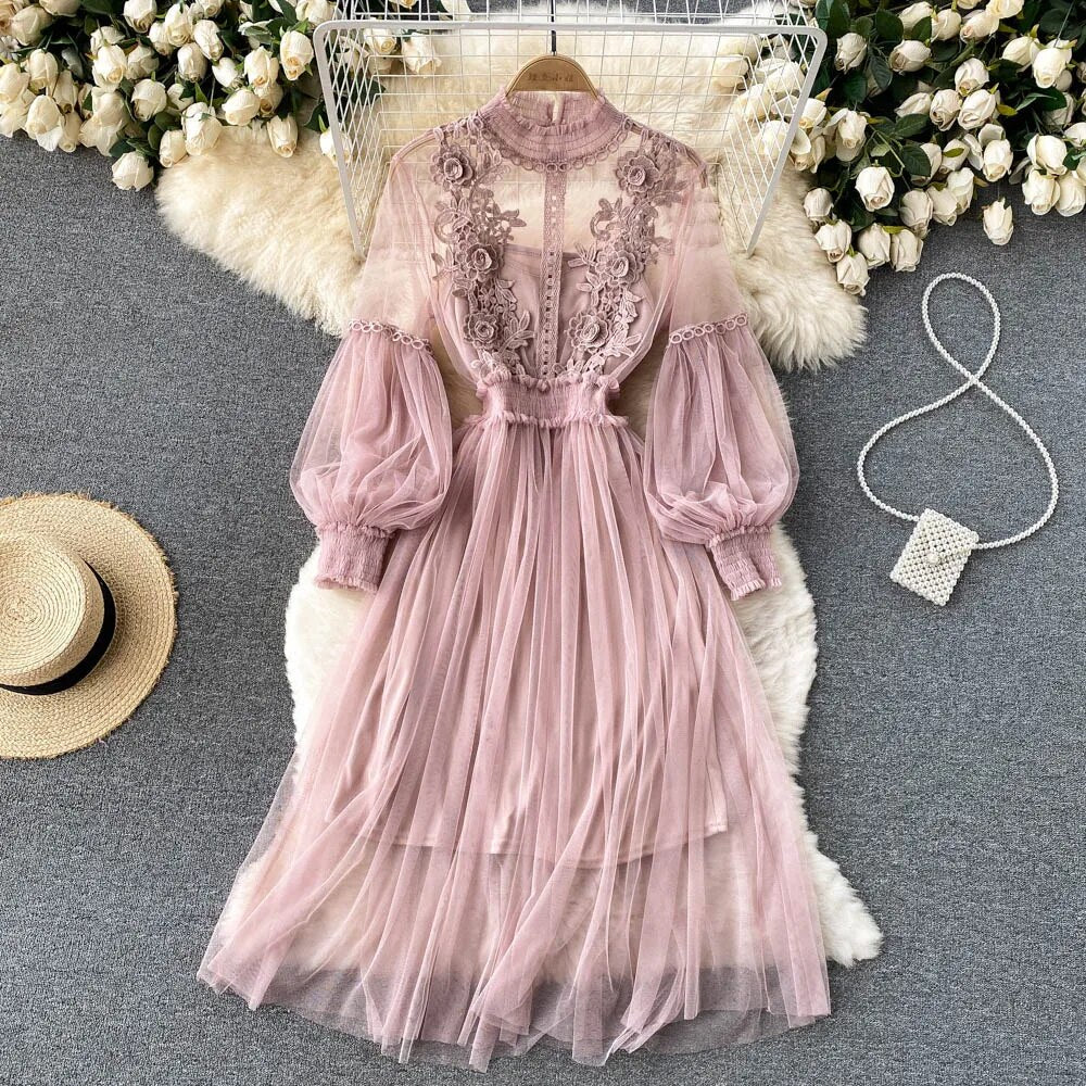 Women Evening Dress Three-dimensional Decoration Floral Mesh Stand Collar Lante image 2