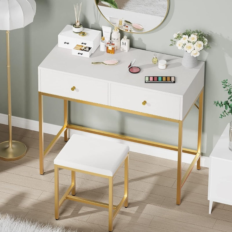 SUPERJARE 35.4" White and Gold Desk with 2 Drawers, Modern Makeup Vanity Desk w image 2