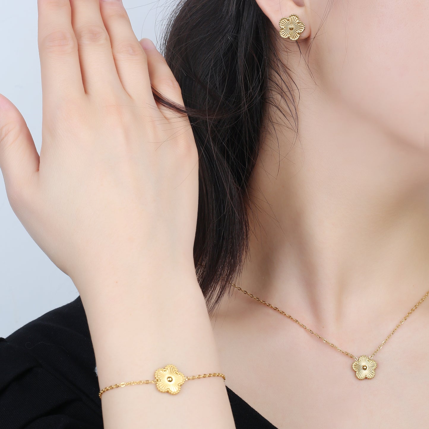 3Pcs 18k Gold-Plated Five-Leaf Flower Necklace Earrings Bracelet Jewelry Set Fo image 24